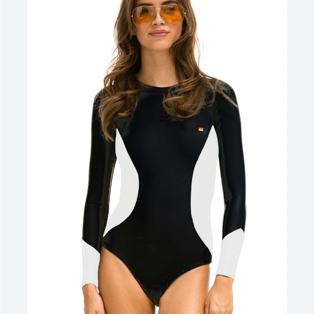 Aviator Nation Women's Black and White Long Sleeve SwimsuitCOLOR BLOCK SURF SUIT